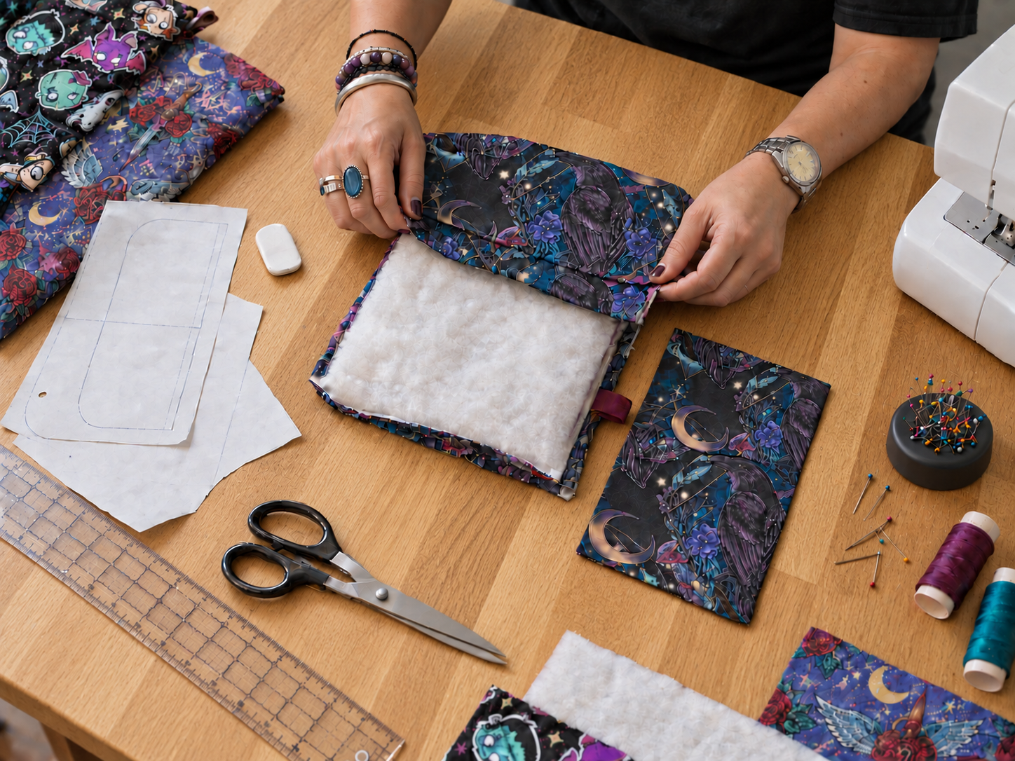 La créatrice assemble une pochette à livre dans son atelier