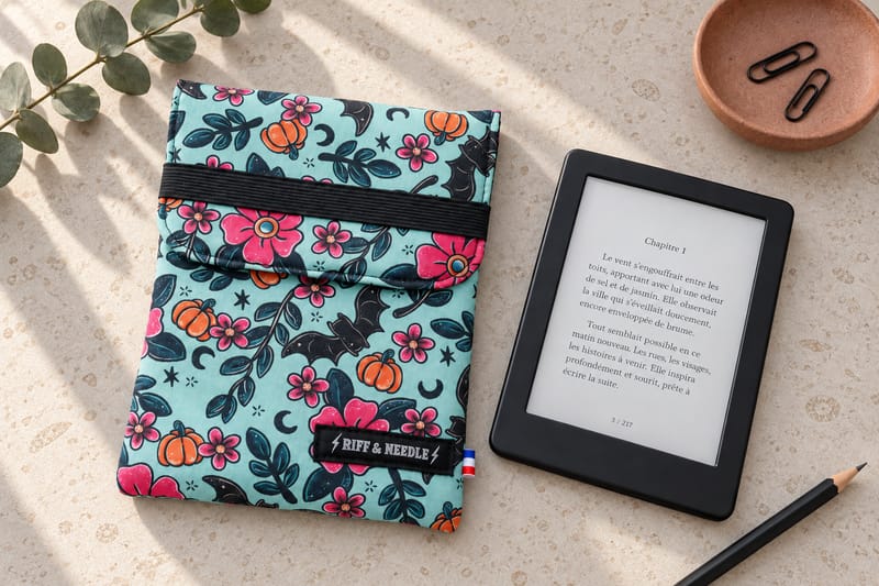 Pochette liseuse présentée avec une liseuse sur une table