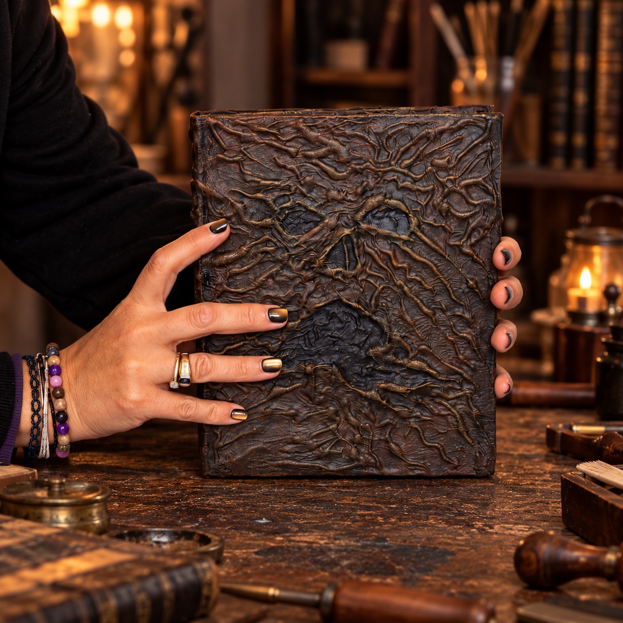 L’artisane présente la couverture sculptée du Necronomicon