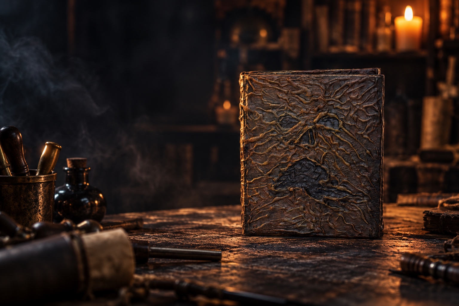 Necronomicon artisanal dans un atelier de reliure sombre