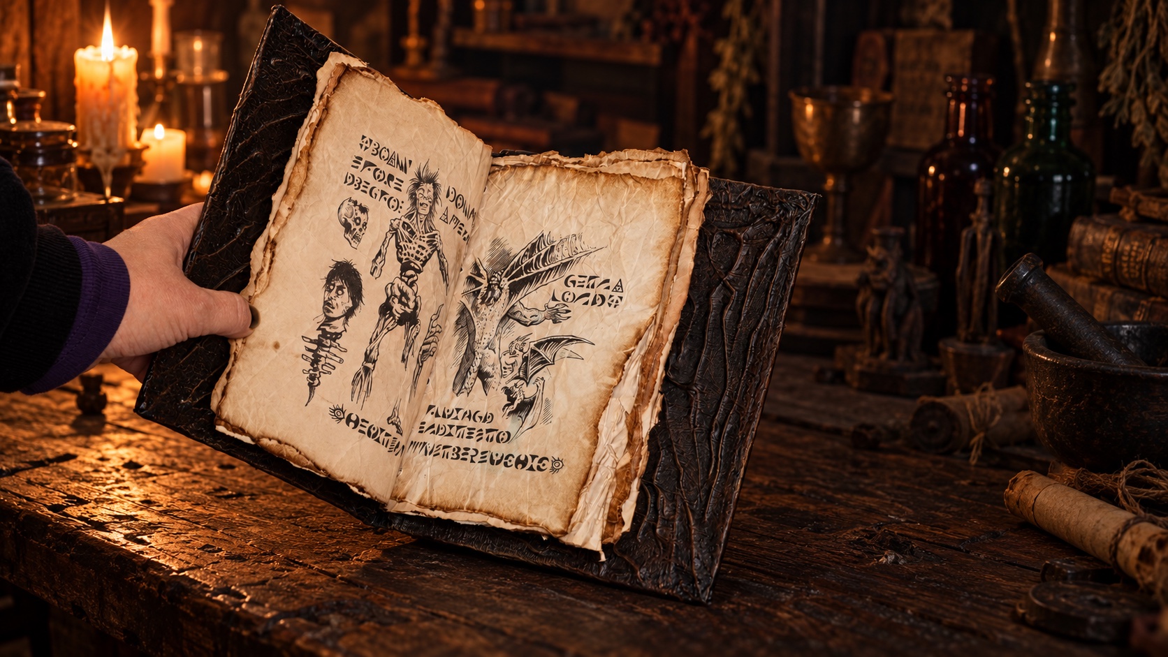 Pages illustrées et vieillies du Necronomicon artisanal