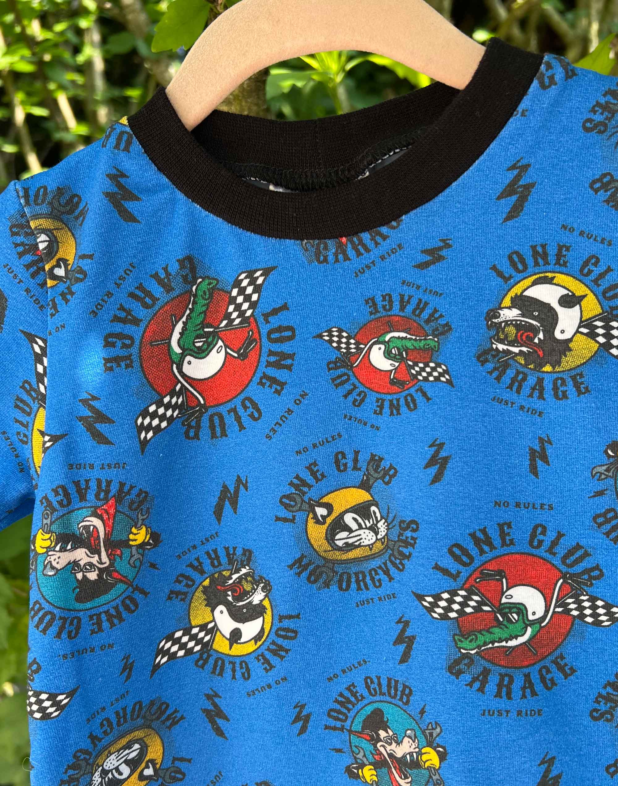 T-shirt biker rétro garage animaux pour bébé, cousu main, tissu exclusif.