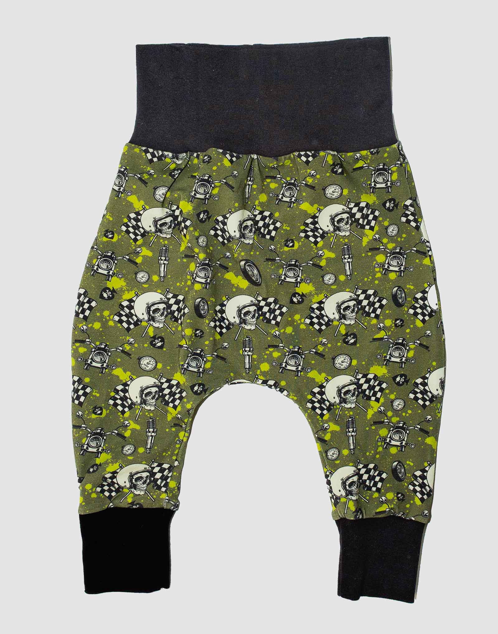 Sarouel évolutif 6 - 18 mois, cousu main, motif moto kaki