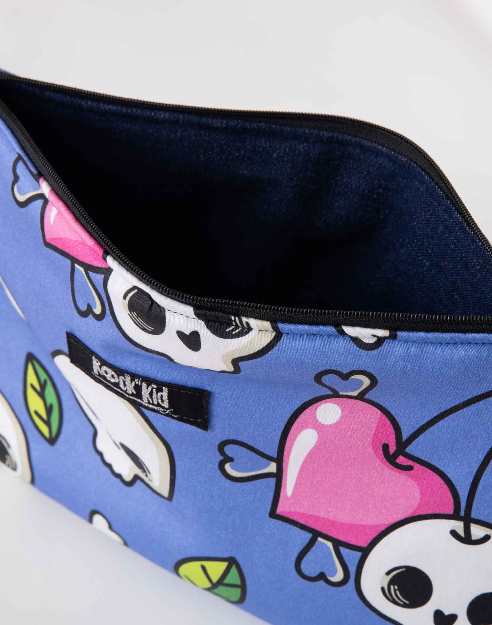 Grande trousse de toilette motif skull et cerises bleue, cousue main en France