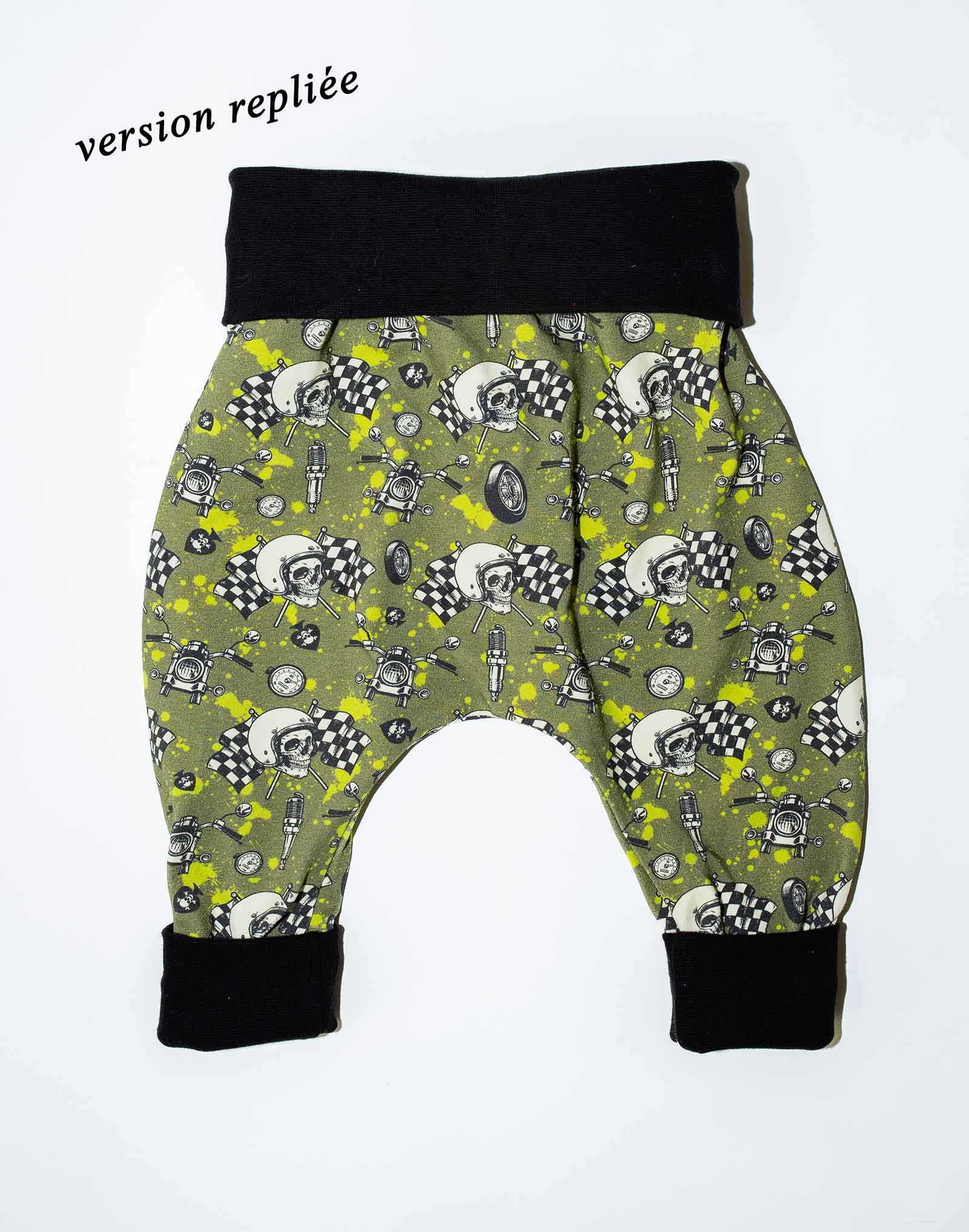 Sarouel évolutif 6 - 18 mois, cousu main, motif moto kaki