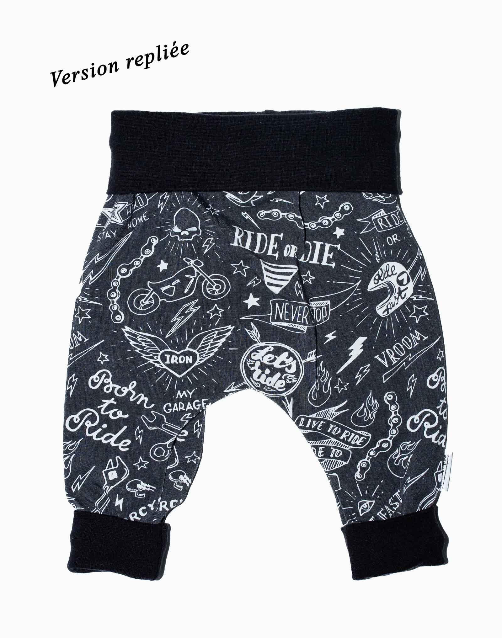 Sarouel évolutif 6 - 18 mois, cousu main, motif moto noir