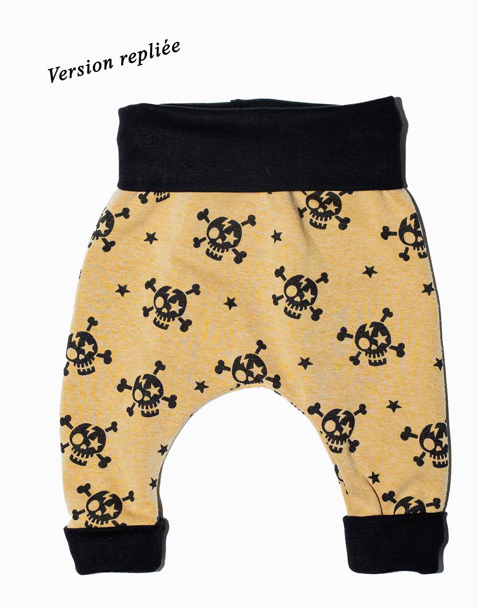 Sarouel évolutif 6 - 18 mois, cousu main, motif skull moutarde