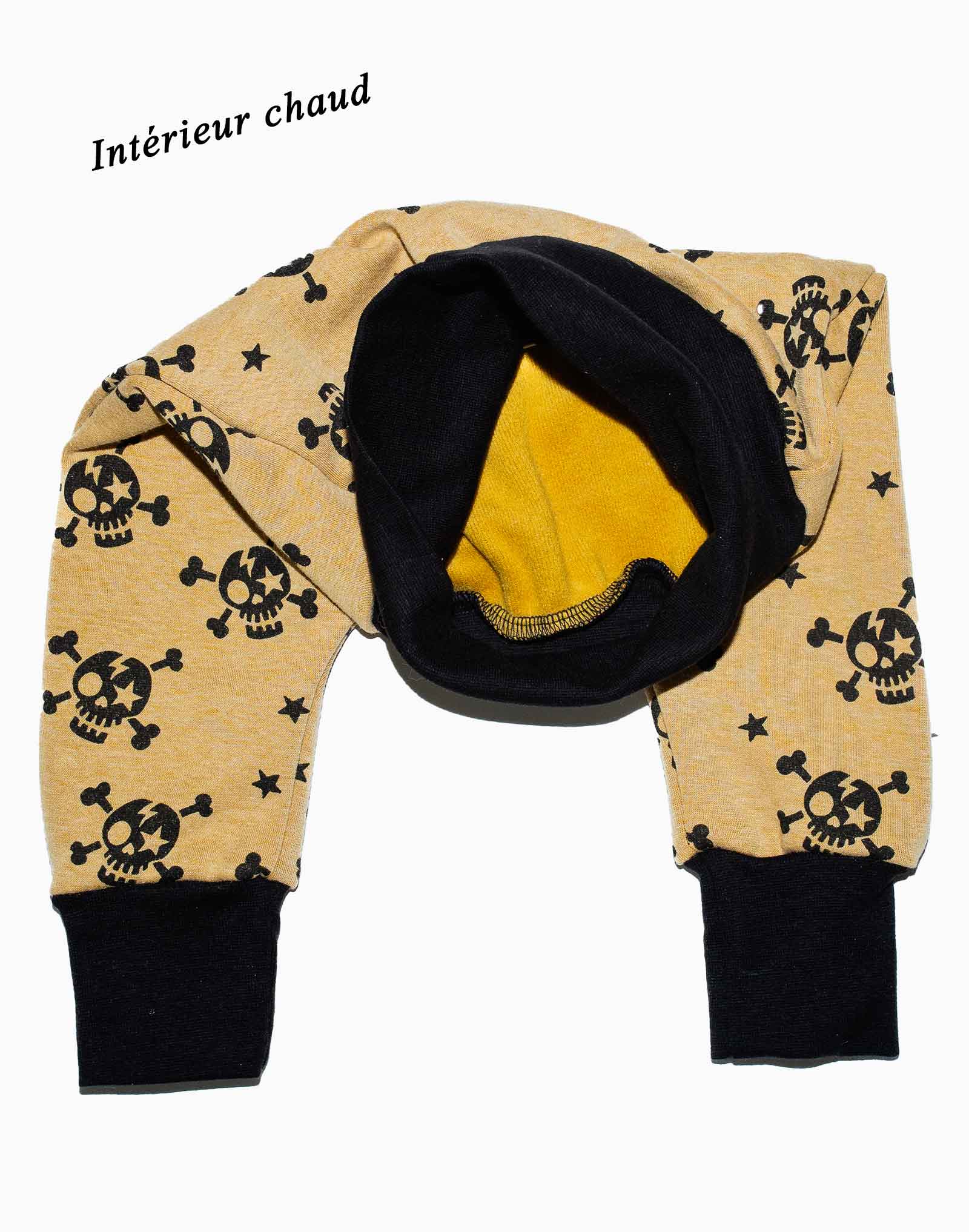 Sarouel évolutif 6 - 18 mois, cousu main, motif skull moutarde