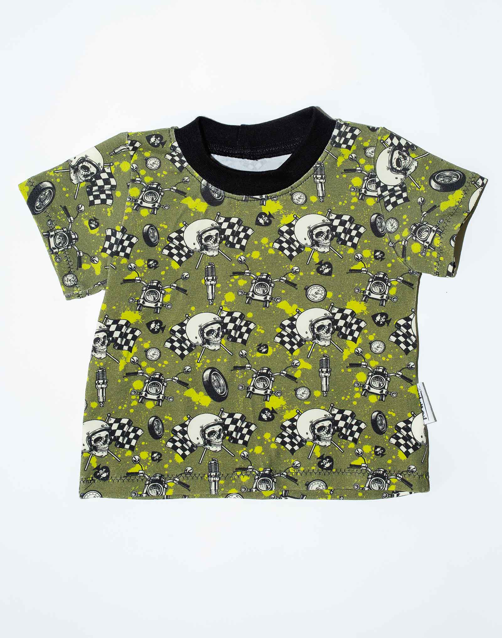 Tshirt cousu main de taille 6-12 mois, motif moto kaki